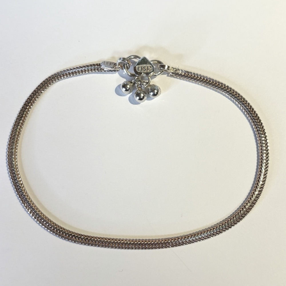 Silver Mexican Dangle Bead Jingle 10.25" Woven Foxtail Anklet S Style Clasp 10g